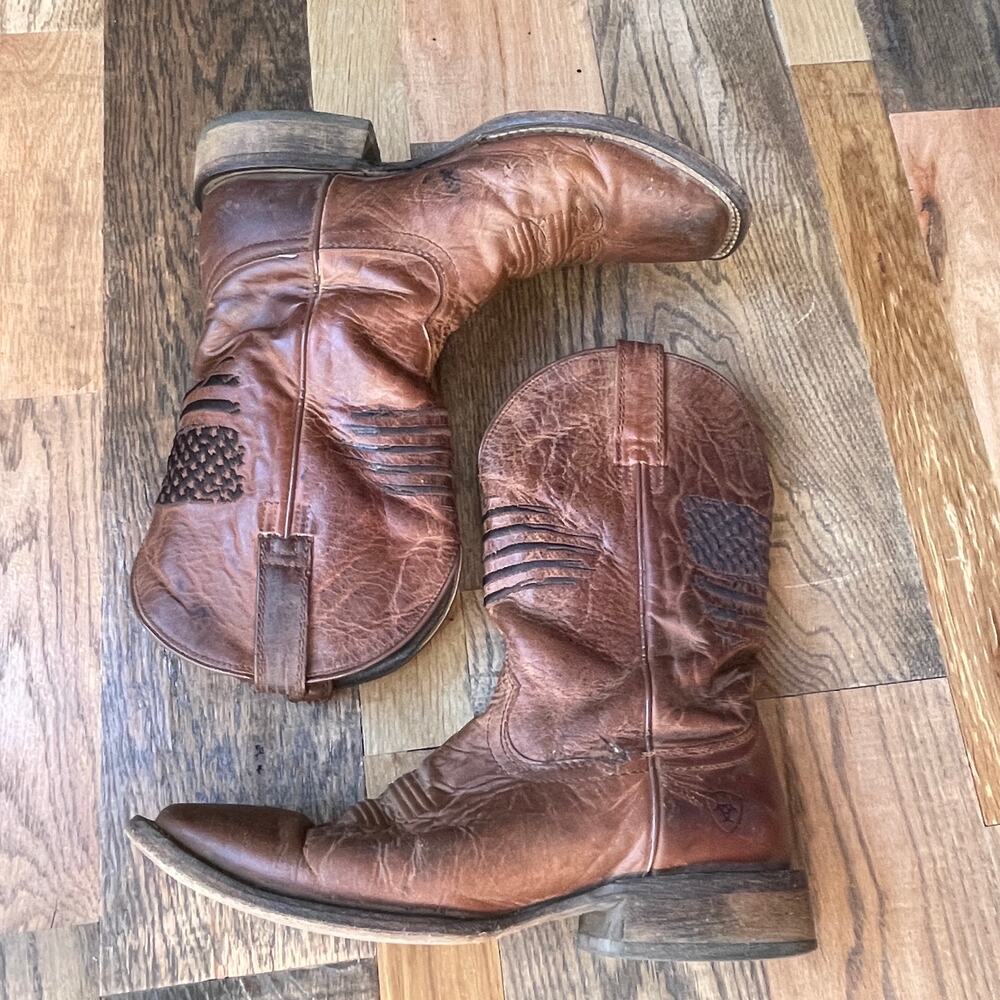 Ariat Mens 9D Cowboy Boots Brown Leather Square Toe American Flag Western